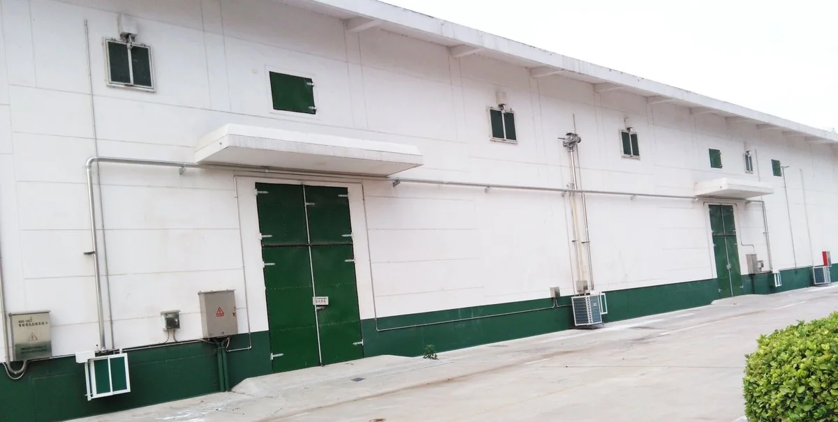 Recirculation fumigation pipework on a grain warehouse