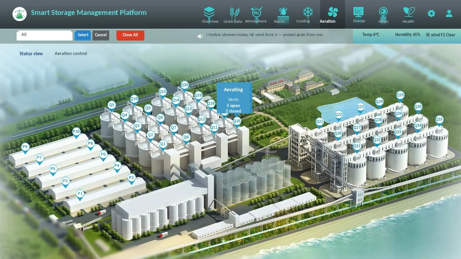 Beibo Smart Storage Management Platform showing a 3D depot overview with per-silo aeration status